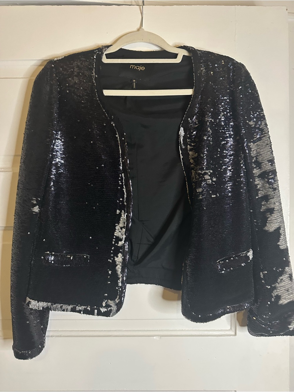 Maje Black Reversible Sequin Open Jacket